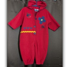 Vtg McBaby Jumpsuit One Piece Hooded Buttons Toddler Red Sz 18 Months