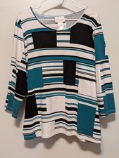 Women's SZ XL Alfred Dunner Geometric Crew Neck Teal Blue White Black