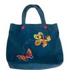 VTG Butterfly Appliqu Bag Tote Purse Hippie Cottage Boho Blue Corduroy 13x13