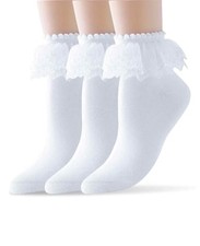 3 Pairs Girls Lace Socks, White Ruffle Frilly Ankle Cotton Socks Women with