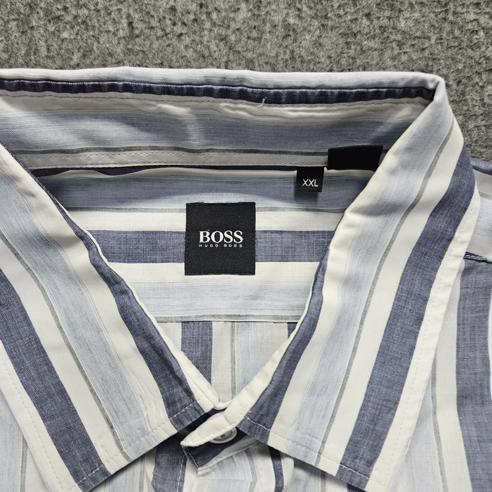 Hugo Boss Shirt Mens XXL White Blue Striped Linen Blend Long Sleeve Button Up - Image 4 of 4