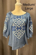 Ukrainian Embroidered Vyshyvanka Blouse Blue White Linen Women  s M/L Folk Top