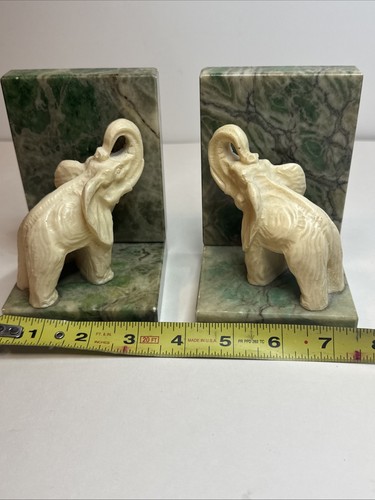 Vintage Genuine Alabaster Elephant Bookends Hand Carved Italy Trunks Up - Picture 11 of 13