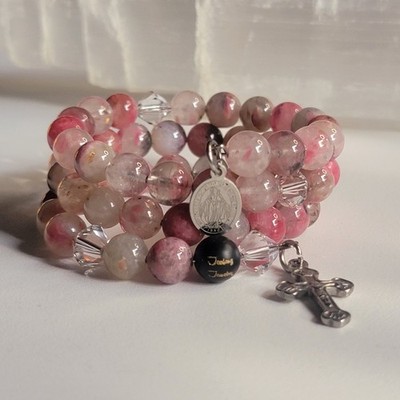 Stainless Steel Pink SAKURA Gemstone Bead Rosary Wrap Bracelet