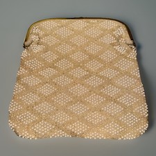 1950  s Lumured Corde'-Clutch Handbag Gold Metalic Accents Retro Beige Hippie