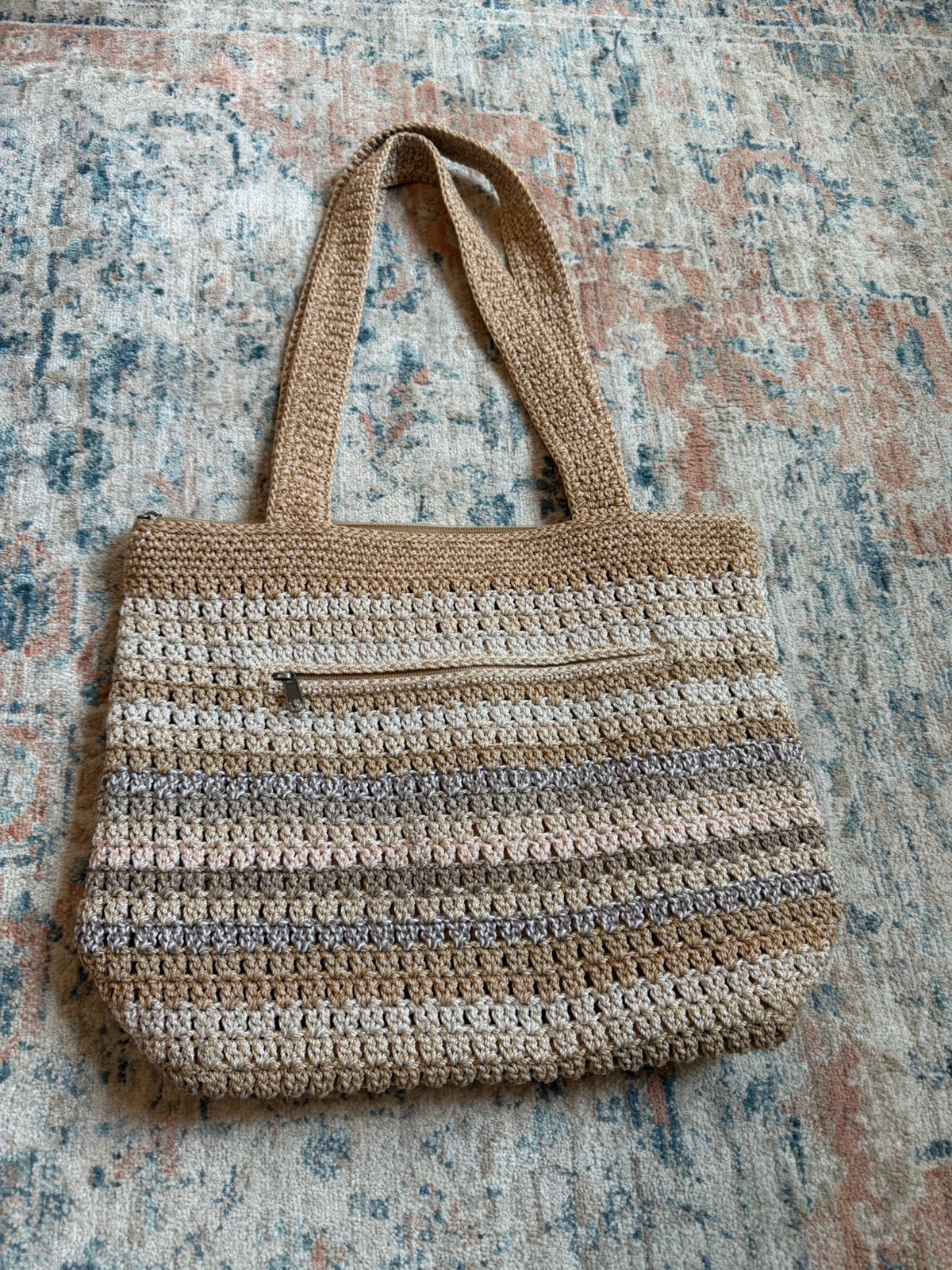 The Sak Striped Crochet Shoulder Bag Beige Tan Taupe Zip Closure Lined