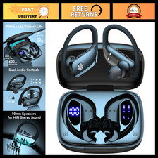 Wireless Bluetooth Earbuds with 80H Playtime, LED Display, Over-Ear Hooks, Mic,