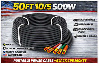 10/5 SOOW Portable Cord 50FT 600V UL CSA Black Flexible Cable USA Made