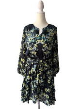Simply Vera Wang Dress Size XL Dark Green Floral Long Sleeve Belted Mini W/ Slip