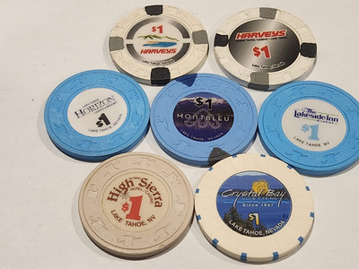 Lot of 7 Vintage $1 Casino Poker Chips - LAKE TAHOE, NV - Many Obsolete