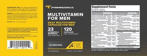 PrimaForce Multivitamin für Männer (120 Kapseln) - Nahrungsergänzungsmittel zur Gesundheit - Bild 5 von 5