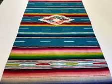 Vintage Mexican Serape Saltillo Hand Woven Wool Runner 39"x13.5" Fringed Blue