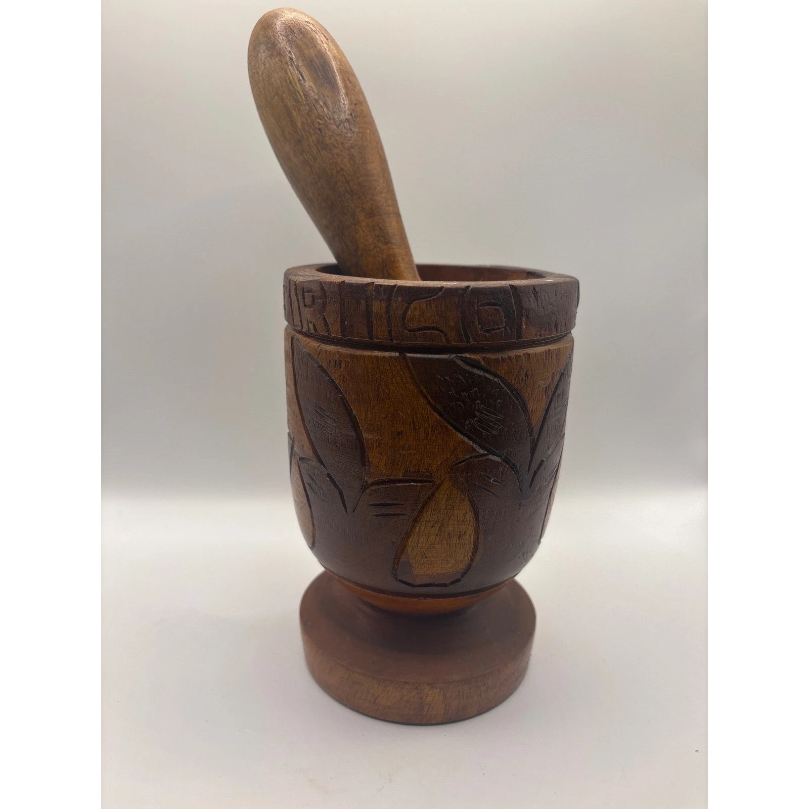 Vintage Hand Carved Wooden Mortar and Pestle Puerto Rico Herb Grinder