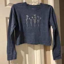 Gap Teen Girl Cropped Heathered Blue Flower Boxy Long Sleeve Tee Size 14-16 EUC