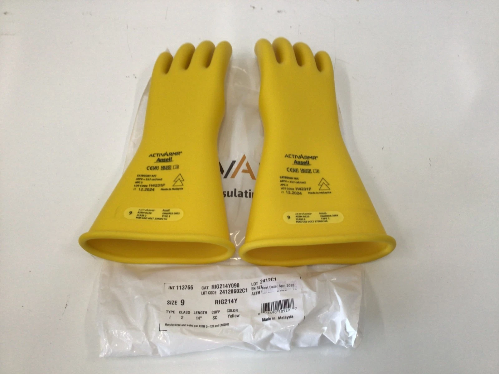 Ansell Class CLASS 2 Y 14 Electrical-Insulating Gloves, 500V Ac, 750V Dc,Size 9