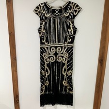 Black Gold Sequin Flapper Dress Fringe Hem Great Gatsby Party 1920s Style Size M