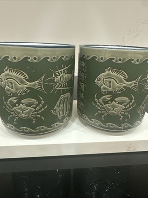 Green Ceramic Planters 4.25  Tall 4  Diameter Fish Crab Lobster Squid Oriental