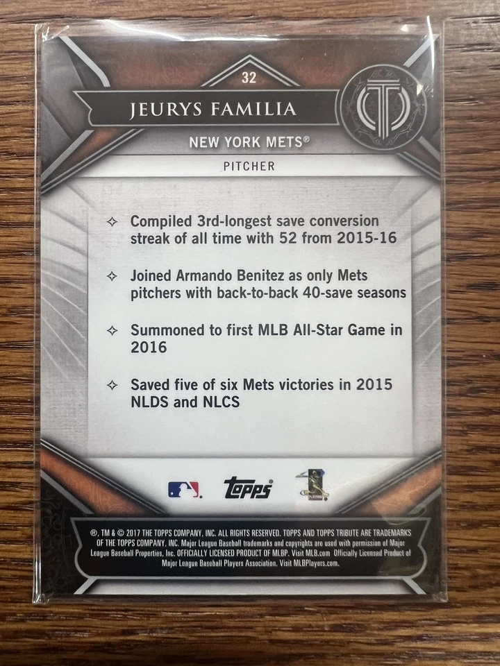 2017 Topps Tribute #32 Jeurys Familia Purple #/50 - Image 2 of 2