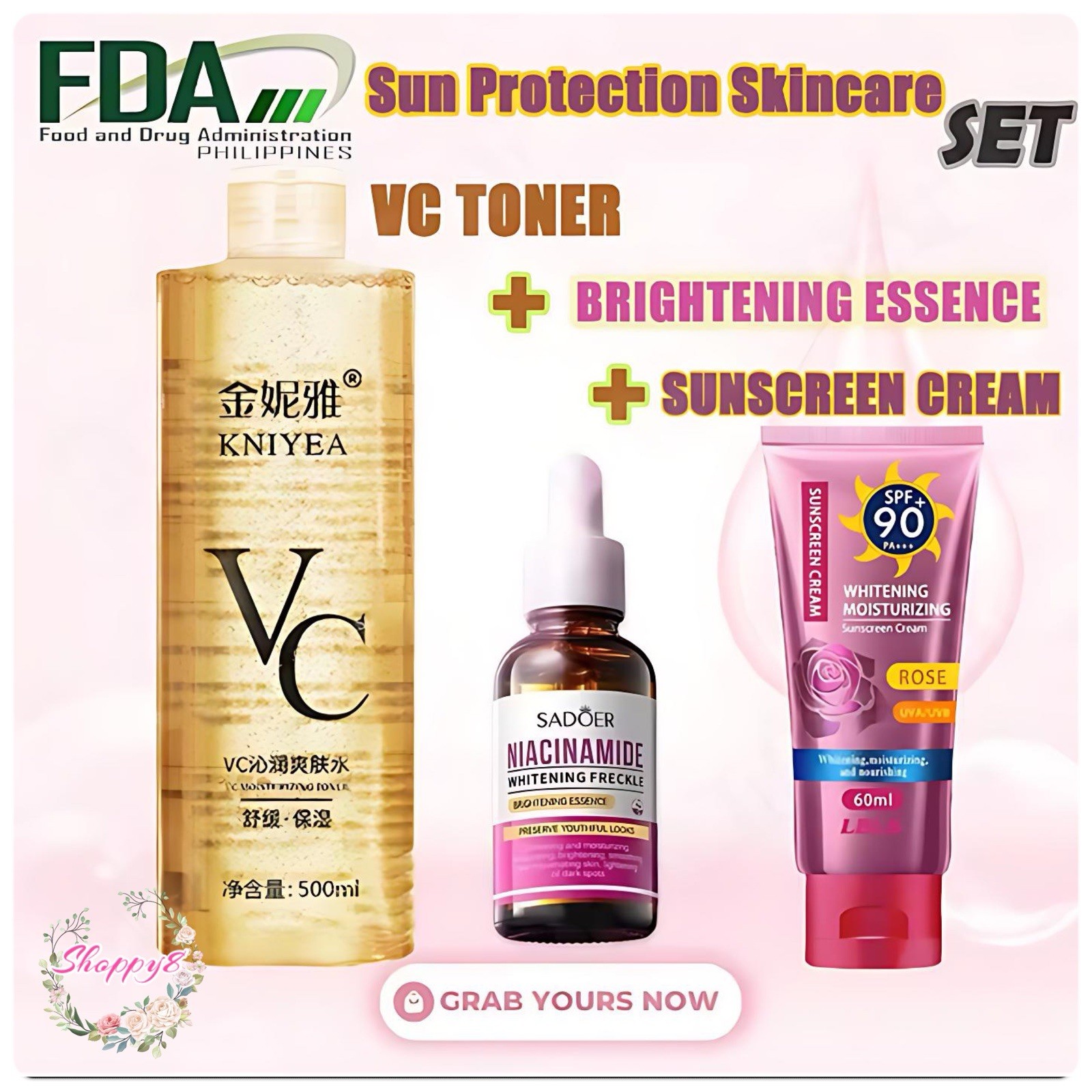 KYINEA VC Toner + SADOER Niacinamide Serum + KISS Beauty Sunscreen Cream SPF90