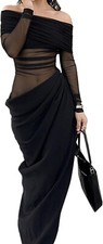 Women Off Shoulder Maxi Dress Sheer Mesh Ruched Long Dress. MEDIUM
