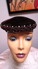 VINTAGE DARK BROWN VELVET PILLBOX HAT  ORNATE METAL  BRAIDING APPLIQUES  WOW 