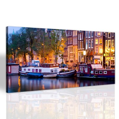 Amsterdam bei Nacht Stadt Bilder Leinwand Canvas Leinwand Bild 140x70