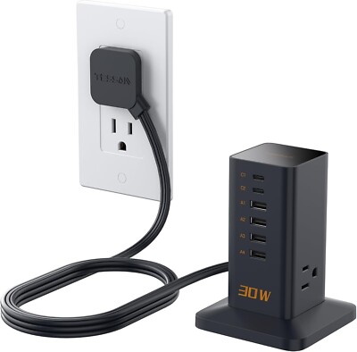 USB Charging Station for Multiple Devices 30W 6 USB Charger Tower Type C Charge