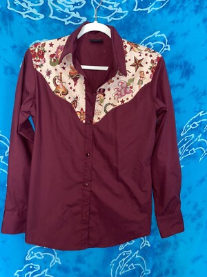 NWOT Rock Steady Wms Burgundy Retro Tattoo Rockabilly Button Up Western Shirt XL