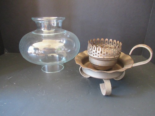 Vintage clear glass hurricane shade finger look candle holder copper finish feet - Picture 3 of 9