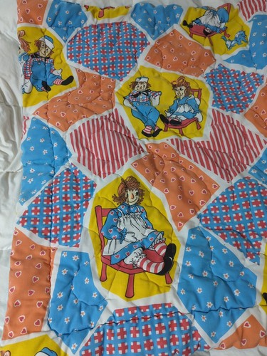 Vintage Raggedly Ann Andy patchwork baby crib blanket quilt red orange blue FLAW - Picture 3 of 13