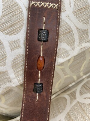 Vintage Brown Leather Merona Belt! Bead And Charm Inlaid Into The