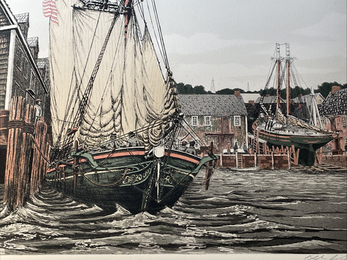 Alan Jay Gaines "The Lookout" acquaforte colorata con certificato di autenticità firmato 1981 Sailing Mass. - Foto 2 di 13