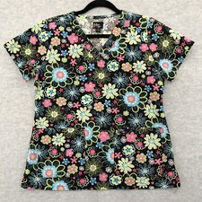 Peaches Sport Womens Scrub Top Sz S Black Floral V Neck S Sleeve Medical Dental