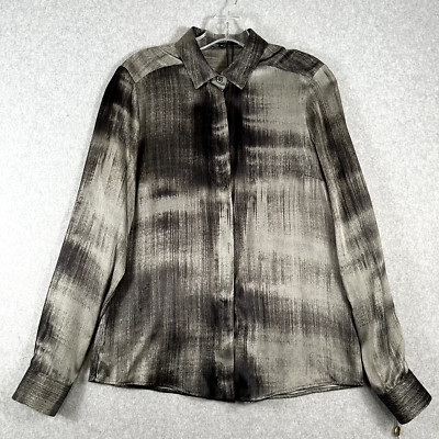 Gucci Womens Blouse Size 42 Long Sleeve Button Up 100% Silk Gray Black NWT