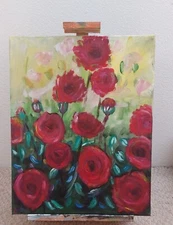 Rosebush In Bloom, Acrylic Painting - 16x20 Hand Painted Artwork on Canvas