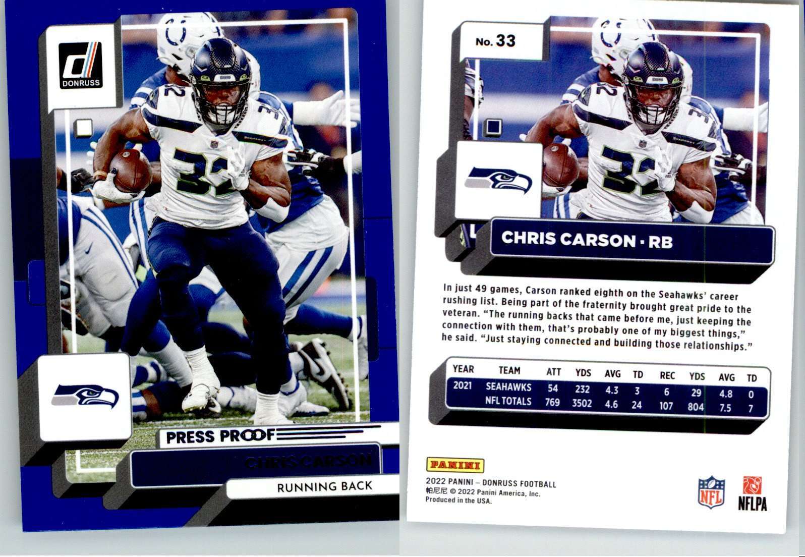Chris Carson 2022 Donruss Press Proof Blue #33 Seahawks