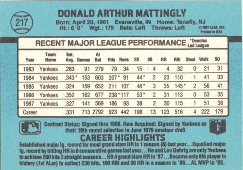 DON MATTINGLY-1B-NEW YORK YANKEES-1988 DONRUSS #217 - Picture 2 of 2