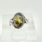 Heavy Vintage Sterling Silver Yellow Amber Feather Ring Size 6.25