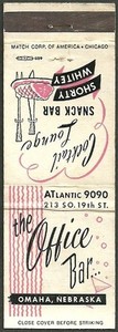 VINTAGE matchcover ~ THE OFFICE BAR ~ downtown in OMAHA, NE nebraska TAVERN