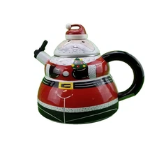 ✅VTG Roshco Enamel Santa Claus 3Qt Metal Teapot Whistling Kettle Christmas Decor