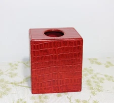 Vintage Red Leather Tissue Box Cover Crocodile-Embossed  6" Square