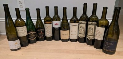 12 Empty Premium Wine Bottles Lot   Rochioli, Del Dotto, Meteor, Farrell