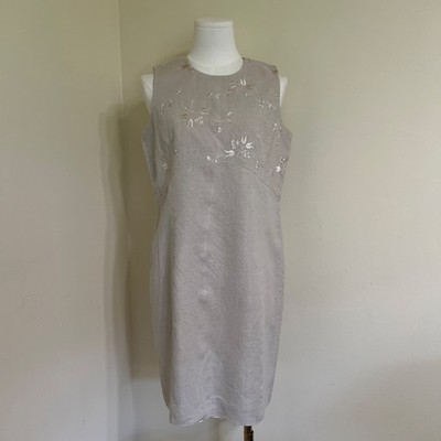 Amanda Smith Pure 100%Linen Embroidered Sheath Dress Beige Floral Sleeveless Sz6