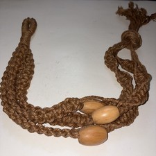36" BOHO Chunky Macram Plant Hanger Holder Jute Wooden Wood Beads Hippie VTG