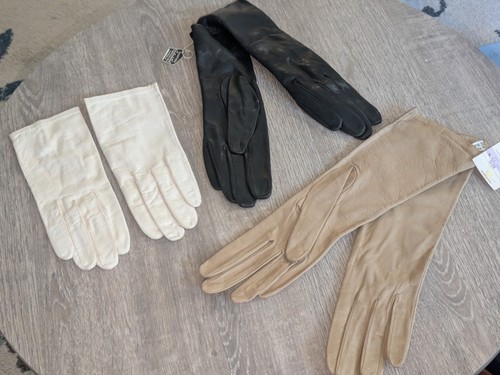 Silk & Leather Spain France Le Grand Fine Vtg Leather Glove Trio Black Cream Tan