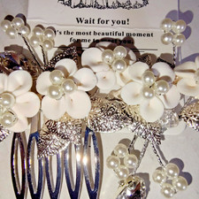 Bridal Hair Comb Silver Tone w/ Pearls  White Flowers Wedding Hair Accessory