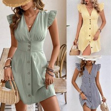 Women’s Summer V-Neck Fly-Sleeve Shirt Dress – Splicing Stripe Beach Style