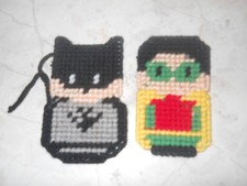 HANDMADE PLASTIC CANVAS BATMAN CHRISTMAS ORNAMENTS SET OF 2