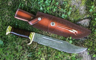 DAMASCUS BOWIE STAPLETON Bowie Messer Jagdmesser Damaststahl Ledergriff Scheide