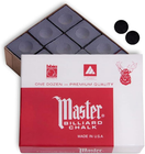 Brown cardboard box labeled “Master Billiard Chalk” with black and white billiard ball graphics and red and white text.